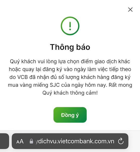 Thông báo hiển thị VCB đã nhận đủ số lượng khách hàng đăng ký mua vàng miếng SJC