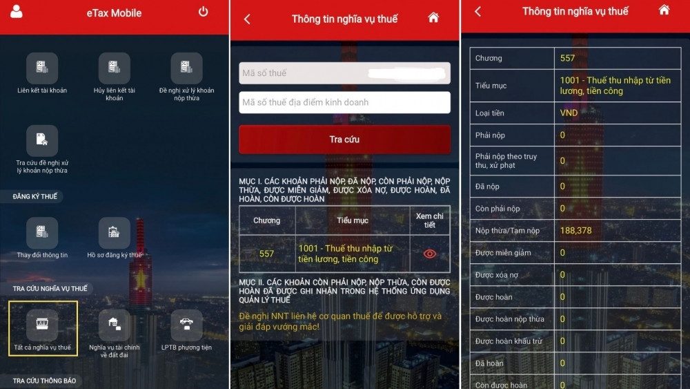 Màn hình tra cứu nghĩa vụ thuế trên ứng dụng eTax Mobile