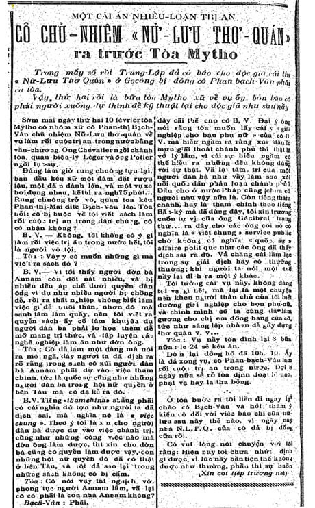 Bài tường thuật của Báo Trung Lập ngày 13 Février 1930 về vụ xét xử bà Vân. Ảnh: Báo Ấp Bắc