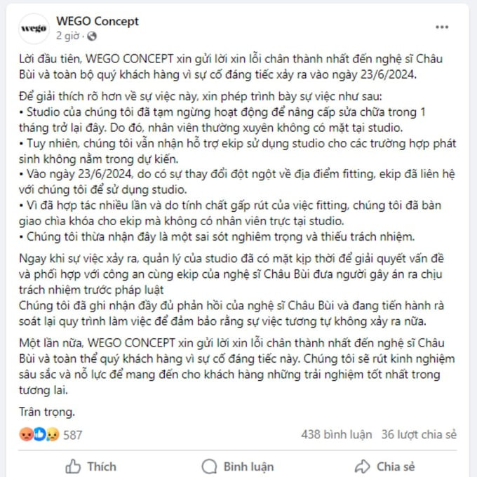 Lời xin lỗi của Studio được đăng tải trên Fanpage (Ảnh chụp màn hình)