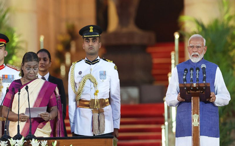 Ông Arendra Modi đã tuyên thệ nhậm chức Thủ tướng Ấn Độ tại Phủ Tổng thống (Rashtrapati Bhawan) ở Thủ đô New Delhi ngày 9/6/2024. Ảnh: IANS