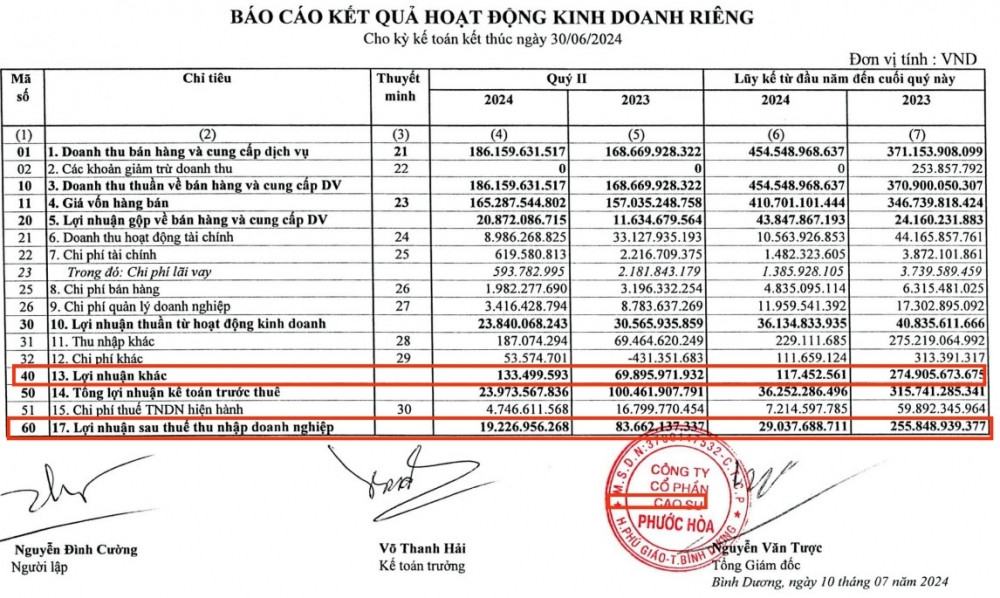 Công ty cao su đầu tiên công bố KQKD quý II/2024 với lợi nhuận sụt giảm 77%