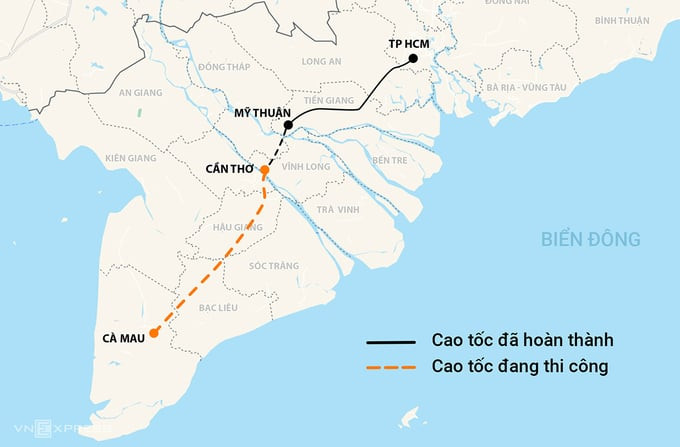 Hướng tuyến cao tốc Cần Thơ - Hậu Giang - Cà Mau. Ảnh: Báo VnExpress