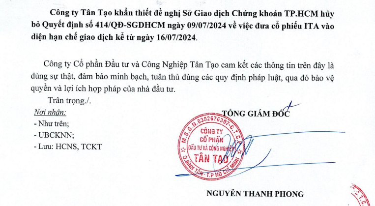 Tân Tạo (ITA) tiếp tục ‘tố’ UBCKNN và HoSE cố tình gây khó, đề nghị hủy quyết định đưa cổ phiếu vào diện hạn chế giao dịch