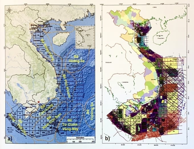 Các bể trầm tích và bản đồ phân lô dầu khí ở Việt Nam - a. Các bể trầm tích và bản đồ phân lô dầu khí; b. Bản đồ các khảo sát địa chấn 2D và 3D. Ảnh: PetroTimes