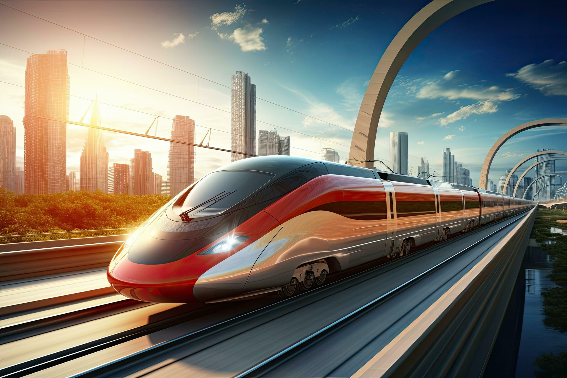 High-speed train on the modern city background. 3d rendering, High Speed train on the road to the modern city, AI Generated 32478055 Stock Photo at Vecteezy