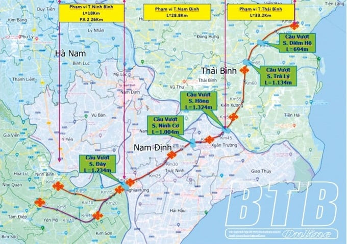 Sơ đồ hướng tuyến cao tốc Ninh Bình - Hải Phòng. Ảnh: Báo Thái Bình