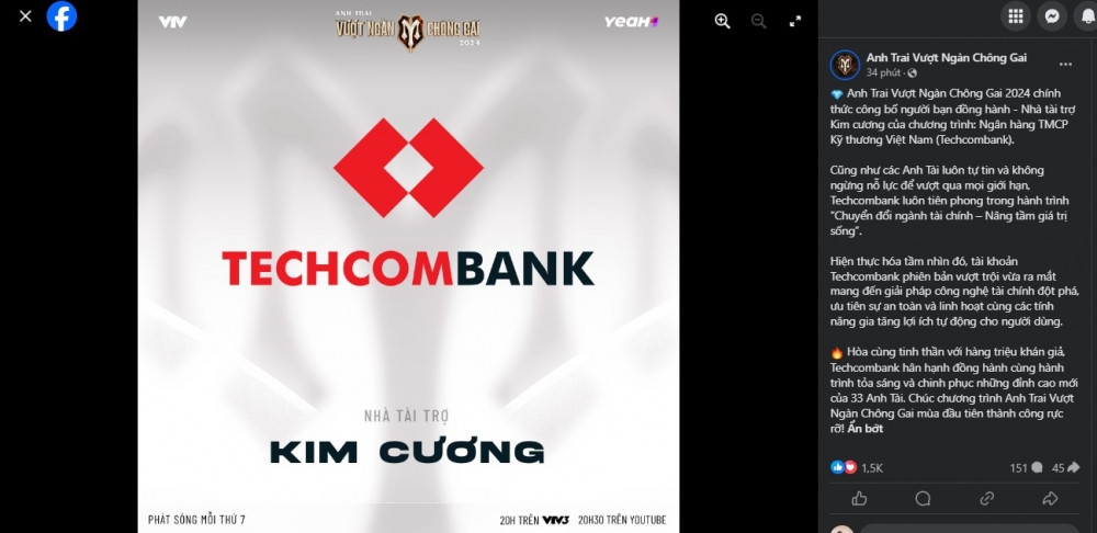 Techcombank (TCB) trở thành nhà tài trợ kim cương cho gameshow đình đám ‘Anh trai vượt ngàn chông gai’