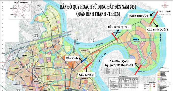 Bản đồ quy hoạch bán đảo Thanh Đa, trong đó có các vị trí sẽ xây dựng 4 cây cầu. Ảnh: Internet