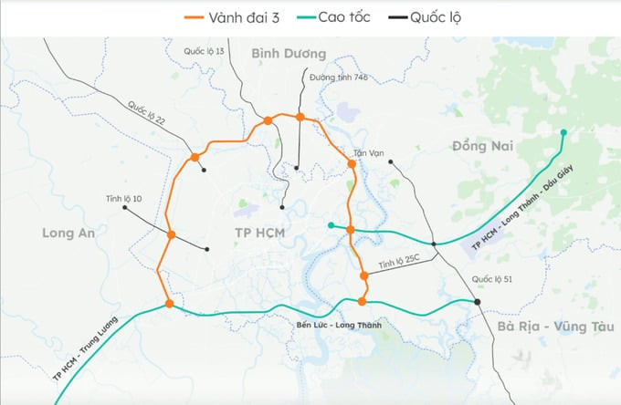 Toàn cảnh tuyến đường Vành đai 3 TP. HCM và các tuyến đường trọng điểm của khu vực. Ảnh: Internet