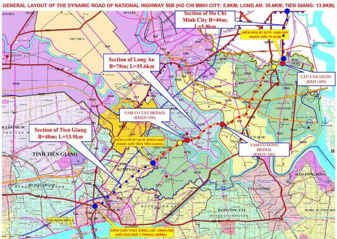 Hướng tuyến Đường Trục Động Lực 827E Kết Nối TP.HCM - Long An - Tiền Giang. Ảnh: Ban quản lý dự án