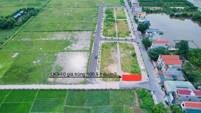 Lô đất trúng đấu giá có giá 100,5 triệu đồng/m2 tại xã Thanh Cao, huyện Thanh Oai. Ảnh: Bất động sản Tâm Phúc.