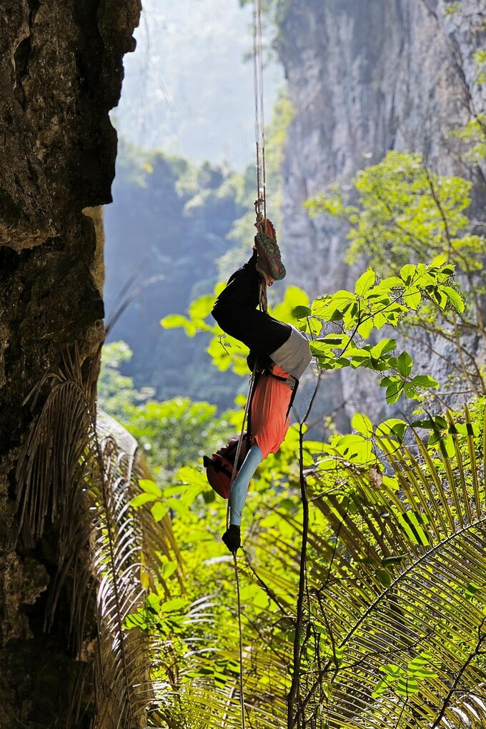 Một trong những hoạt động hấp dẫn nhất khi đến hố sụt Canh Cảo là đu dây Abseiling xuống lòng hố (Ảnh: Internet)