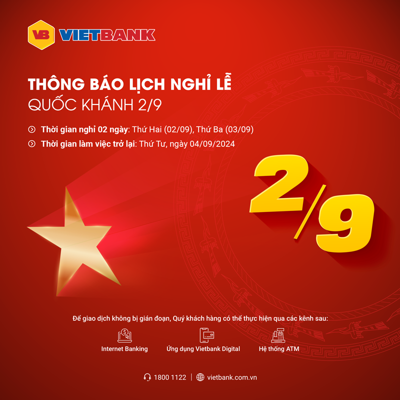 Lịch nghỉ lễ Quốc khánh 2/9/2024 của các ngân hàng - ảnh 5