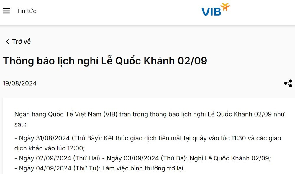 Lịch nghỉ lễ Quốc khánh 2/9/2024 của các ngân hàng - ảnh 1