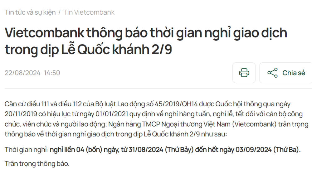 Lịch nghỉ lễ Quốc khánh 2/9/2024 của các ngân hàng - ảnh 3