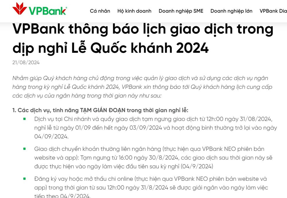 Lịch nghỉ lễ Quốc khánh 2/9/2024 của các ngân hàng - ảnh 2