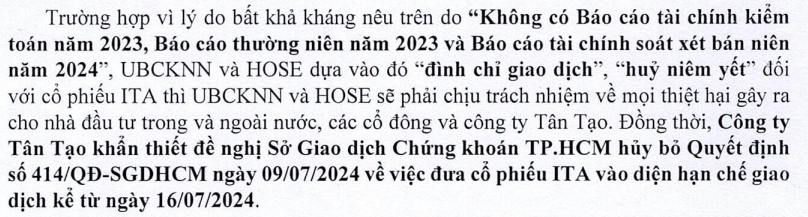 Tân Tạo (ITA) tiếp tục 'tố' UBCKNN và HoSE gây khó khiến các đơn vị 'sợ' kiểm toán