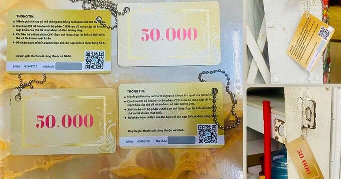 Những thẻ “lạ” này thường có số tiền ghi trên mặt trước là 50.000 đồng và kèm theo nhiều thông tin hướng dẫn nhận cùng mã QR ở mặt sau. Ảnh: CA Hà Nội