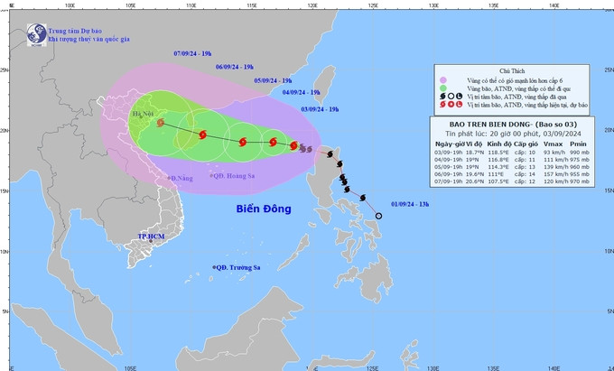 Dự báo đường đi của bão Yagi, theo bản tin phát 20h ngày 3/9. Ảnh: Trung tâm Dự báo khí tượng thuỷ văn quốc gia