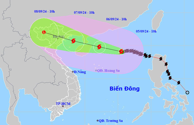 Dự báo đường đi và ảnh hưởng của siêu bão số 3 (bão Yagi). Ảnh: NCHMF