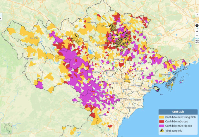 Bản đồ nguy cơ sạt lở đất, lũ quét ở miền Bắc. Ảnh: NCHMF