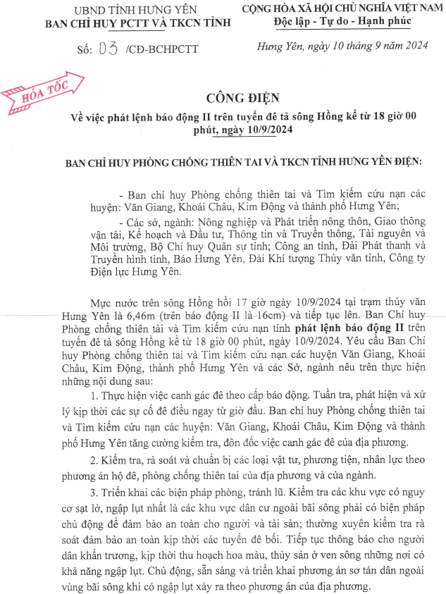 Công điện khẩn: Phát lệnh báo động II trên toàn tuyến tả đê sông Hồng