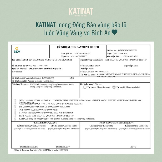 Katinat ủng hộ 1 tỷ đồng cho đồng bào bị ảnh hưởng bởi bão, lũ. Ảnh: Katinat.