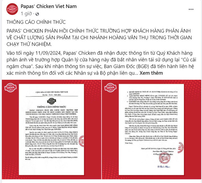 Thông báo chính thức trên Fanpage của chuỗi gà rán Papas' Chicken (Ảnh: Chụp màn hình)