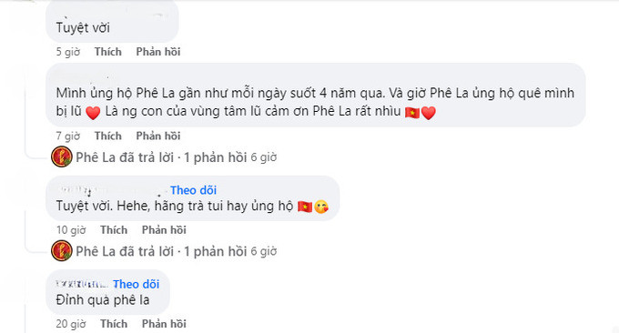 Nhiều cư dân mạng đã để lại lời khen có cánh cho Phê La trước hành động thiết thực. Ảnh chụp màn hình