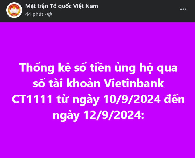 Trang Fanpage của Mặt trận Tổ quốc Việt Nam công khai danh sách tổ chức, cá nhân ủng hộ. Ảnh chụp màn hình