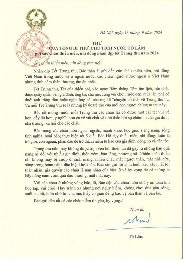 TỔNG BÍ THƯ, CHỦ TỊCH NƯỚC TÔ LÂM GỬI THƯ CHÚC TẾT TRUNG THU CHO CÁC CHÁU THIẾU NIÊN, NHI ĐỒNG- Ảnh 2.