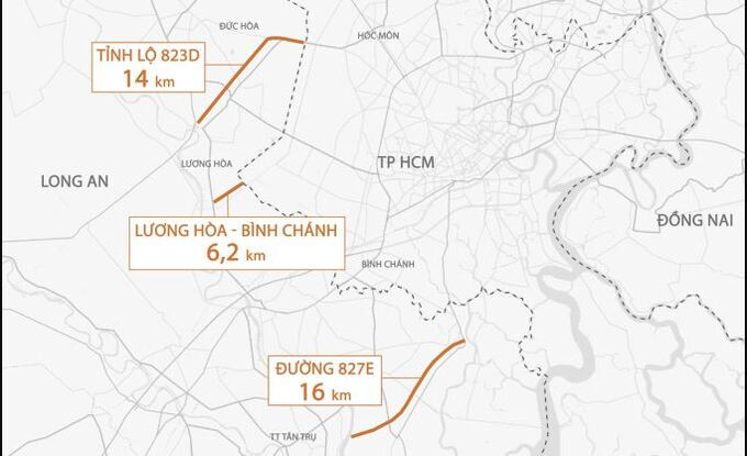 Vị trí tuyến đường tỉnh 823D kết nối Long An và TP. HCM. Ảnh: Internet