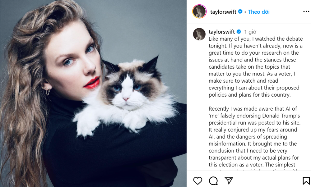  Taylor Swift tuyên bố bầu cho bà Harris, lên án những kẻ giả danh sử dụng AI ủng hộ ông Trump - ảnh 1