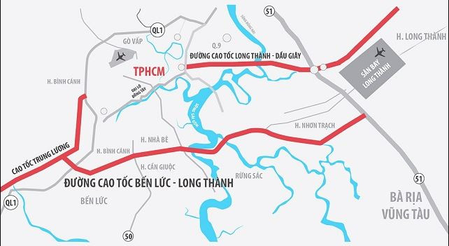 Vị trí tuyến cao tốc Bến Lức - Long Thành với các tuyến cao tốc huyết mạch khác. Ảnh: Internet