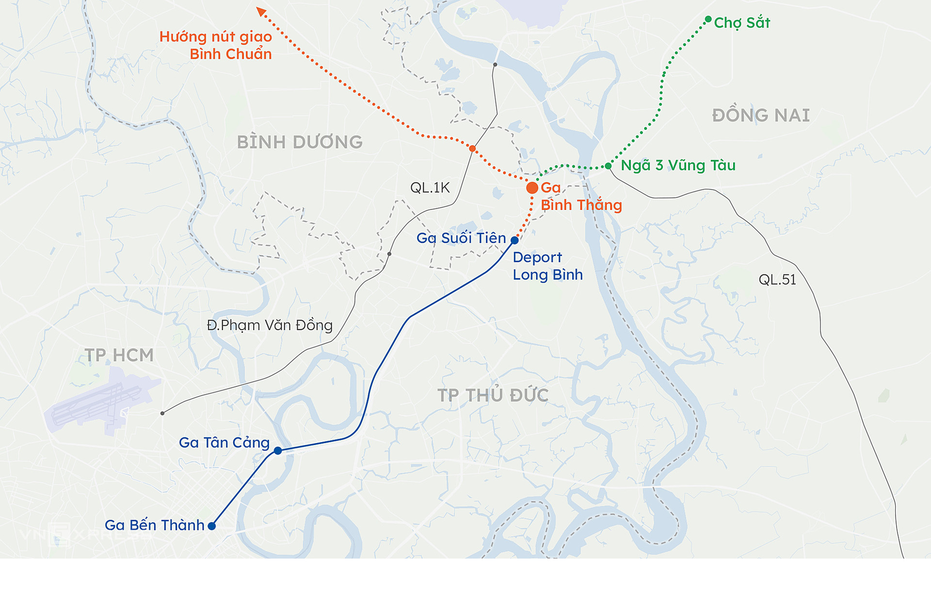 Hướng tuyến Metro số 1 và hai hướng dự định kéo dài lên Đồng Nai, Bình Dương. Đồ họa: Khánh Hoàng/VnExpress