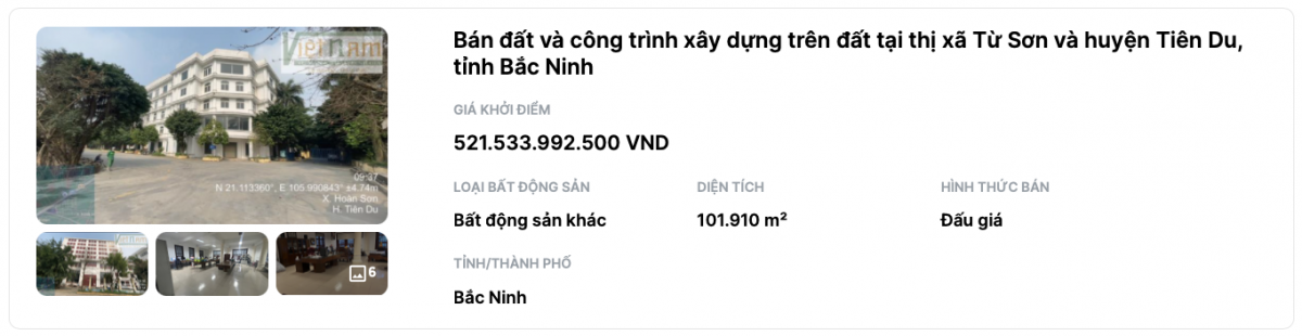 Sacombank (STB) rao bán lô đất 10ha của công ty Quảng An I tại Bắc Ninh, khởi điểm 521 tỷ