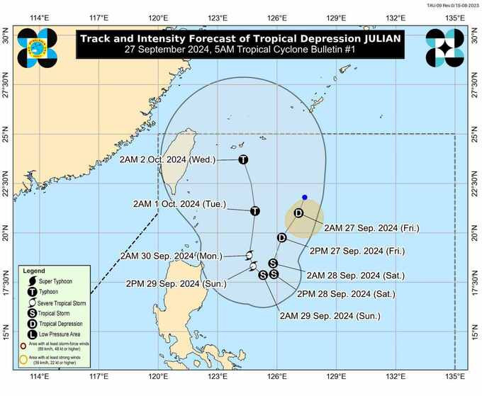 Dự báo đường đi của áp thấp nhiệt đới Julian. Ảnh: PAGASA