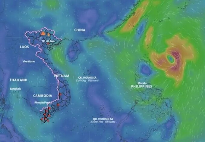 Dự báo bão trên khu vực Tây Bắc Thái Bình Dương không đi vào Biển Đông. Trên đây là lớp hướng gió cập nhật hồi 11h ngày 28/9. Ảnh: Hệ thống giám sát thiên tai Việt Nam.