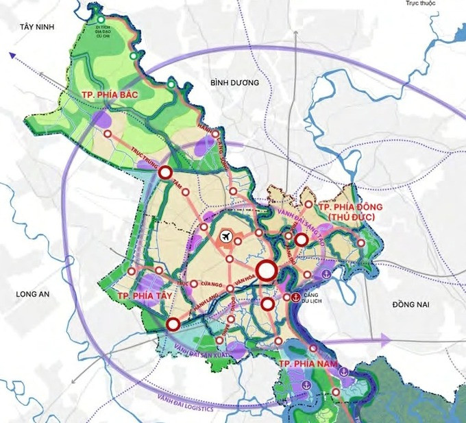 Mô phỏng 3 thành phố Tây, Nam, Bắc trong báo cáo giữa kỳ Điều chỉnh Quy hoạch chung TP.HCM đến năm 2040, tầm nhìn 2060. Ảnh: Đồ án báo cáo giữa kỳ
