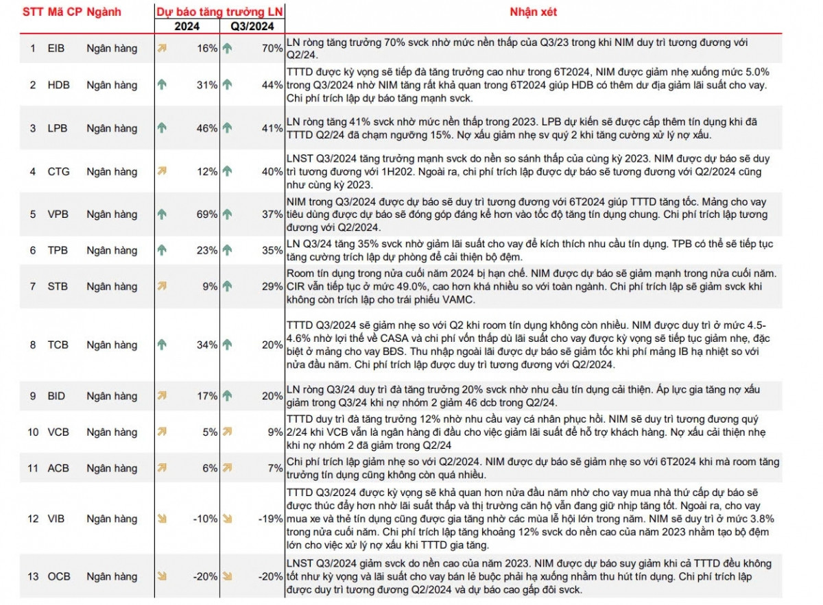 Dự báo KQKD quý III/2024 của 13 ngân hàng: EIB, HDB, LPB 'vô địch' tăng trưởng