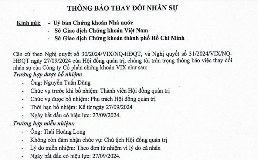 Chủ tịch chứng khoán VIX bất ngờ xin từ nhiệm