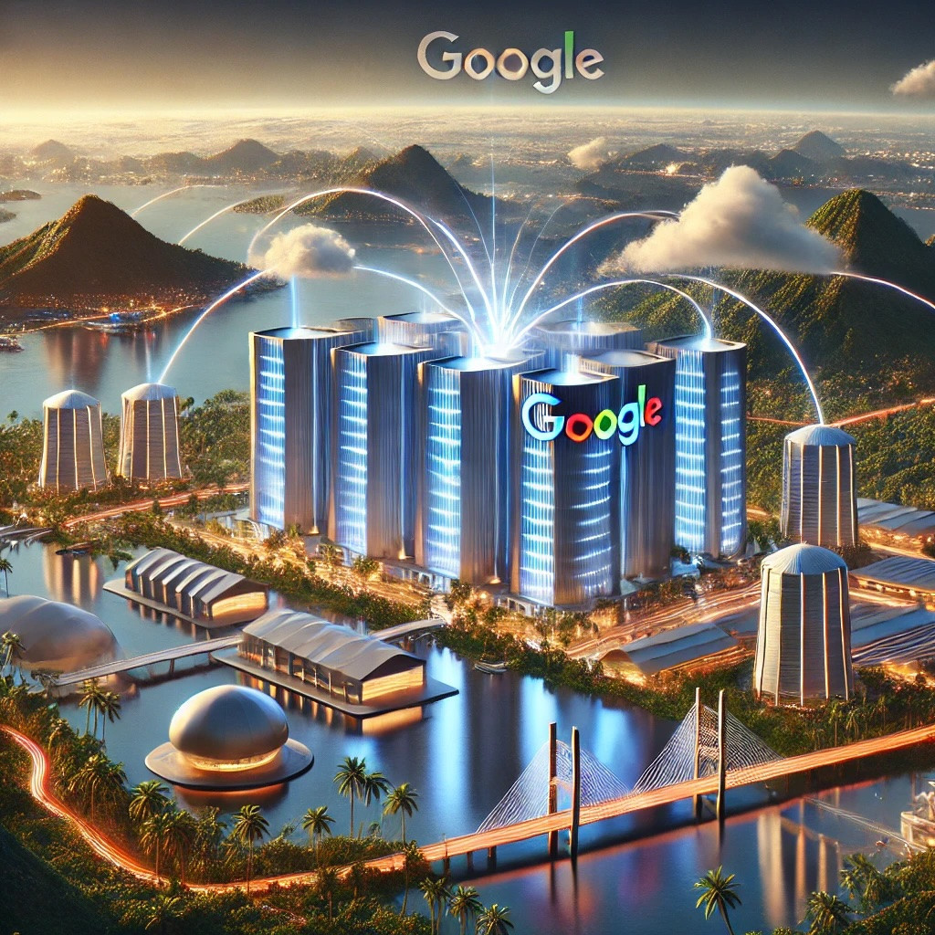 DALL·E 2024 10 01 10.52.00 An illustration of Google expanding data centers in the Southeast Asia region. Show a futuristic, modern Google data center with sleek architecture, s.jpeg