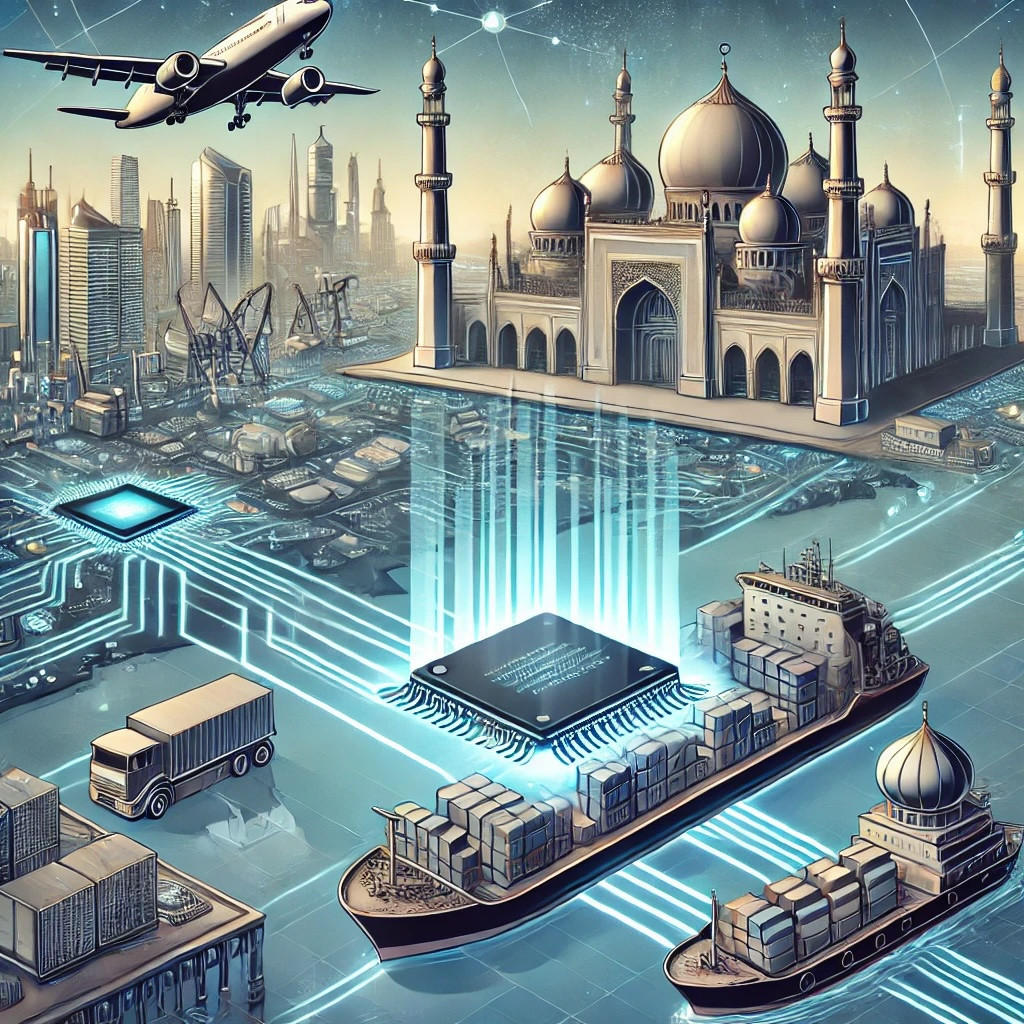 DALL·E 2024 10 01 11.17.41 A detailed illustration of exporting AI chips to the Middle East. The scene should depict a futuristic cargo shipment with AI chips, represented by sl.jpeg