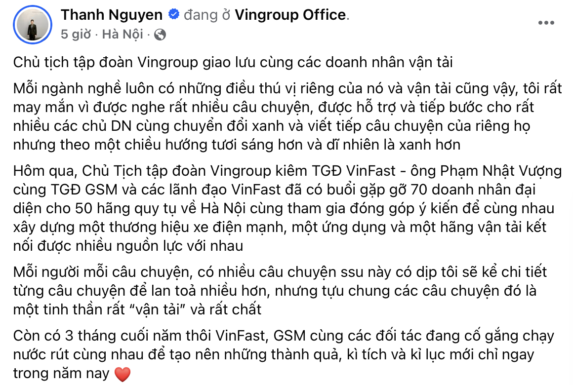 Tỷ phú Phạm Nhật Vượng gặp mặt 50 doanh nhân vận tải: Loạt hãng taxi sẵn sàng bỏ xe xăng, chuyển sang xe điện VinFast