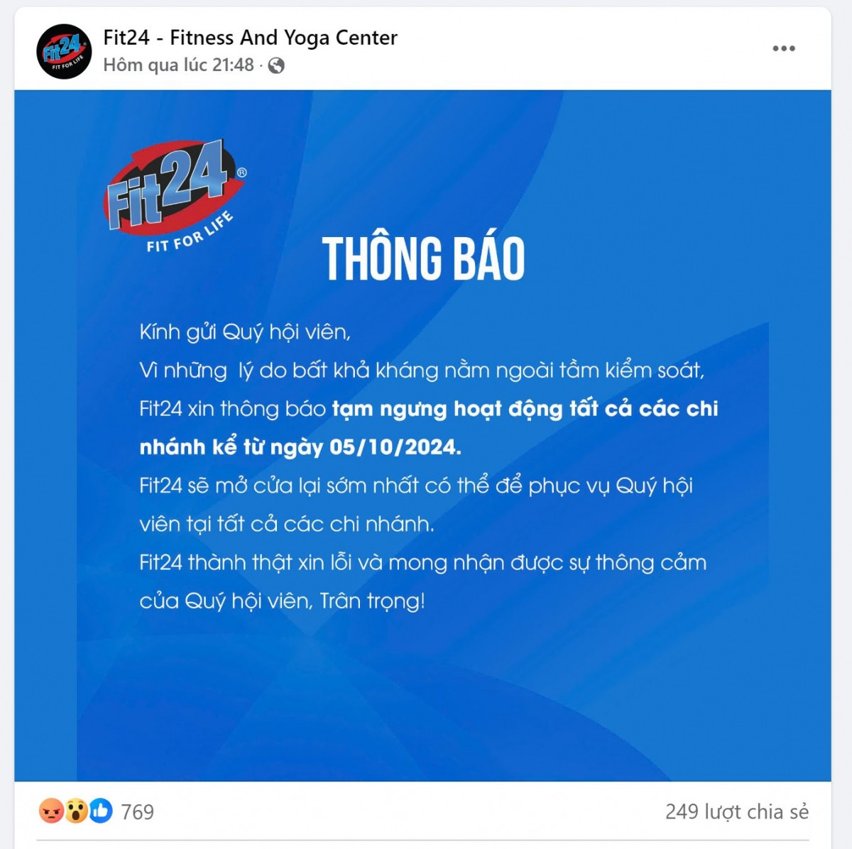 Chuỗi phòng gym Fit24 thông báo ngừng hoạt động của tất cả các chi nhánh