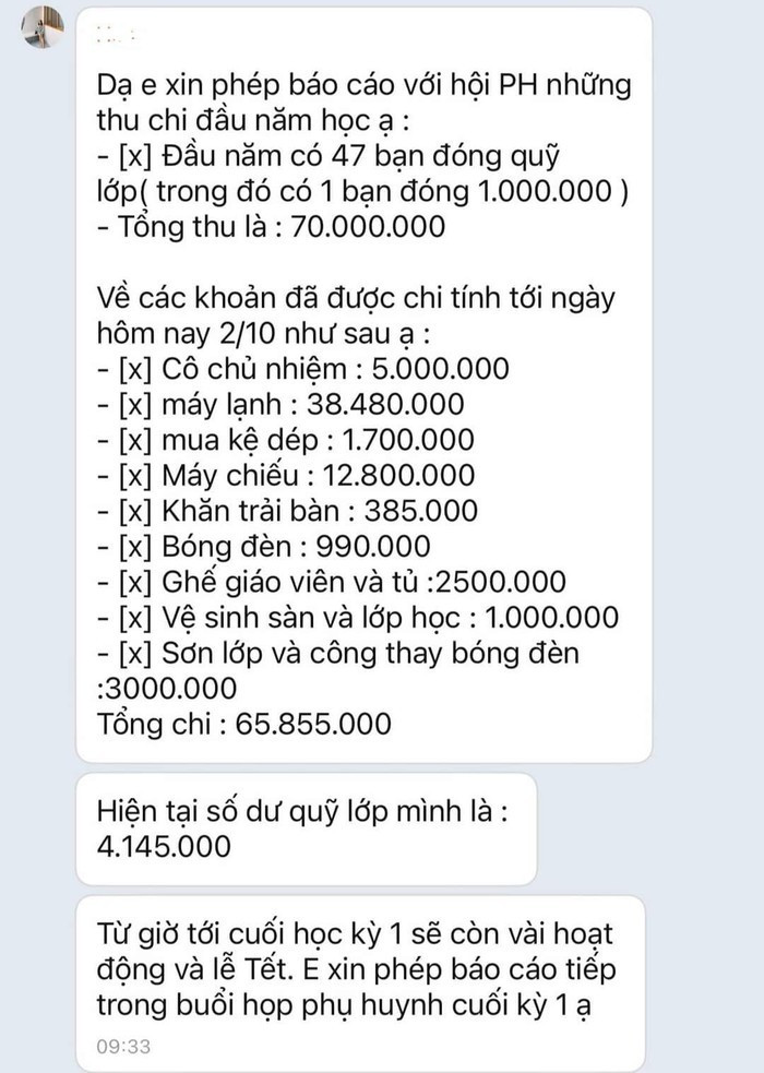 Bảng thống kê thu chi đầu năm của lớp 6A5 , Trường THCS Huỳnh Tấn Phát (ảnh chụp màn hình)