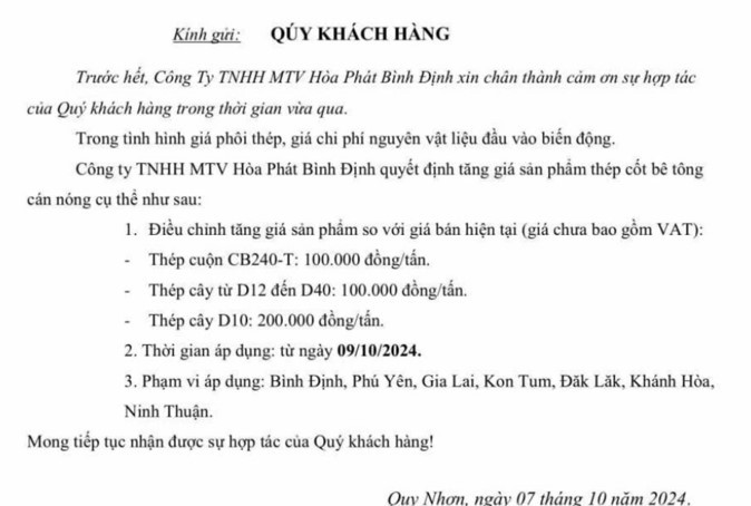 Hoà Phát, Việt Đức đồng loạt điều chỉnh tăng giá thép