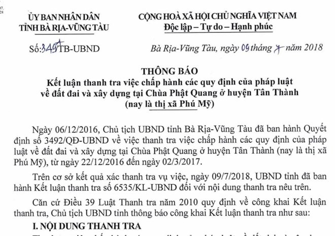 Diễn biến mới nhất công trình trái phép tại chùa do ông Thích Chân Quang trụ trì