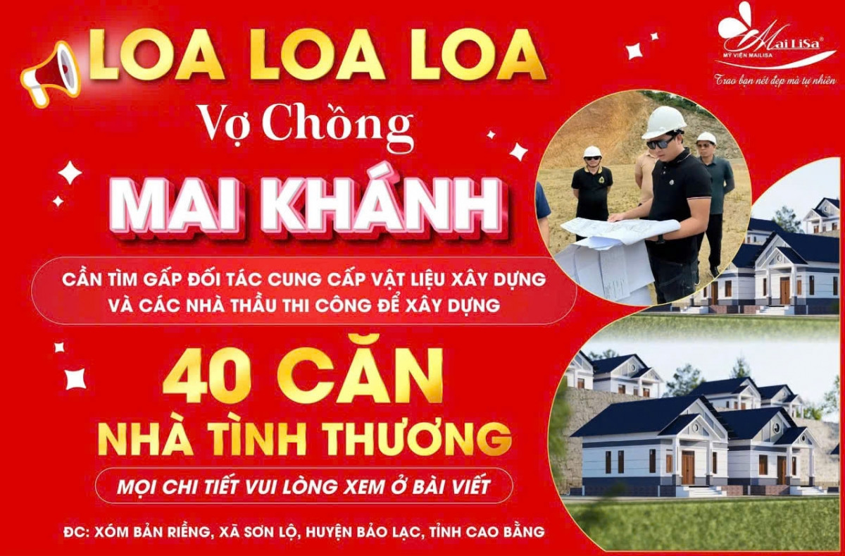 Vợ chồng nhà Mailisa đang gấp rút tìm đối tác cung cấp vật liệu cho dự án xây 40 nhà tình thương